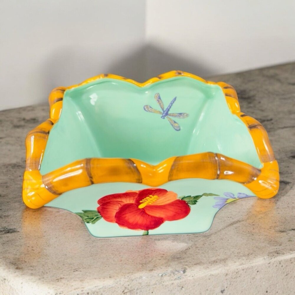 Silvestri Decoupage Peggy Turchette Blue Firefly Floral Bowl Planter Ceramic VTG